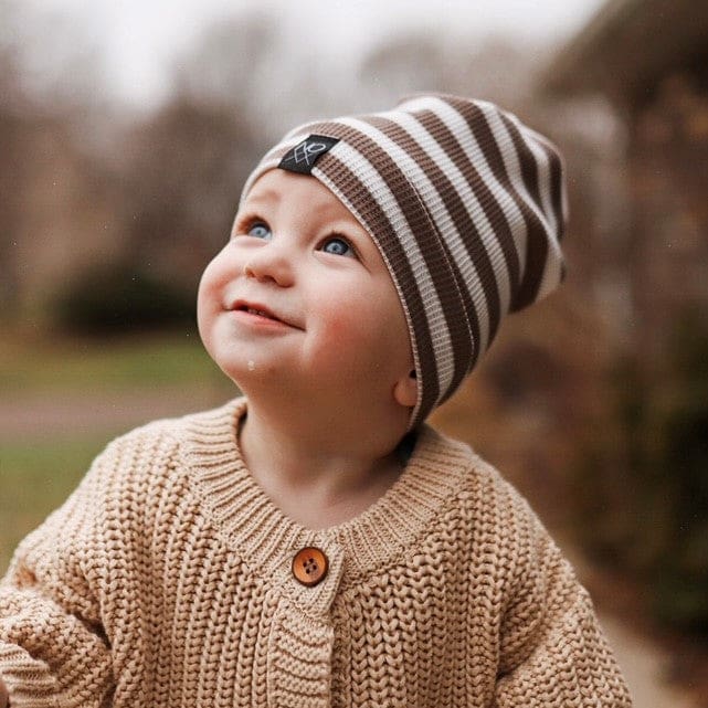 Mocha Stripes | Lightweight Thermal Knit Beanie - Beanies